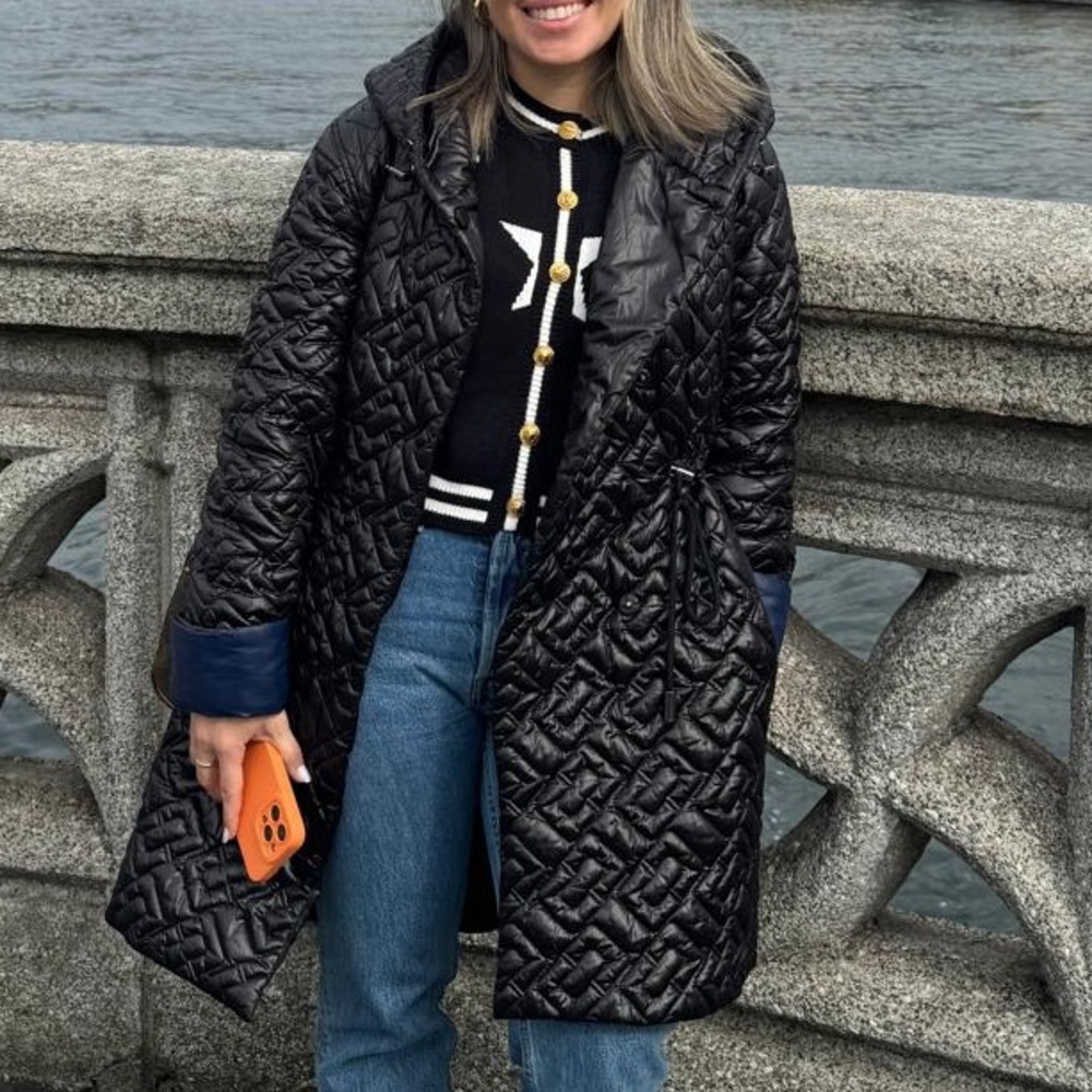 DIANE VON FURSTENBERG Sirena Black Quilted Long Coat $328 Size Medium